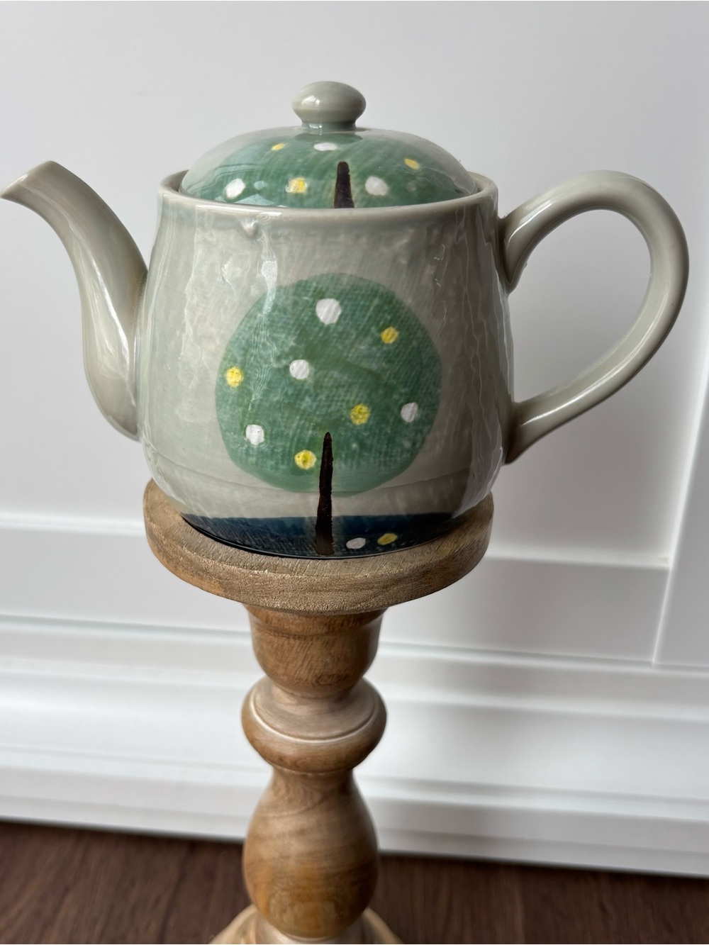 Hand-Painted Ceramic Teapot with Green Tree Motif